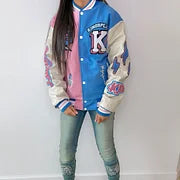 Fashionable baseball jacket with contrasting color stitching