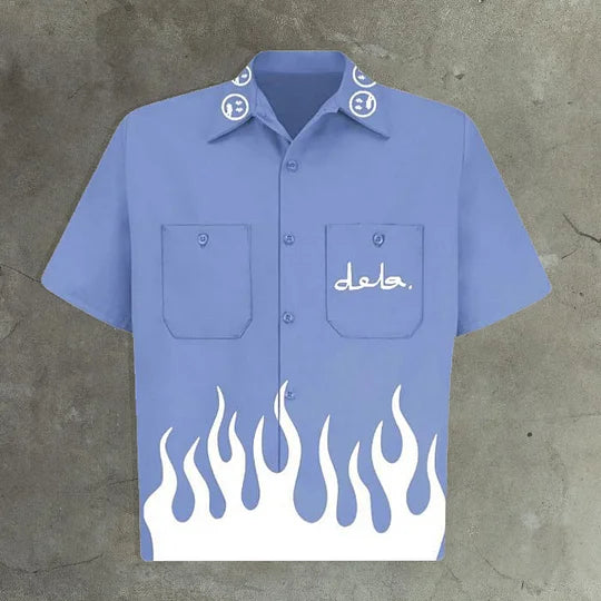 Flame Print Short Sleeve Button Pocket Shirt
