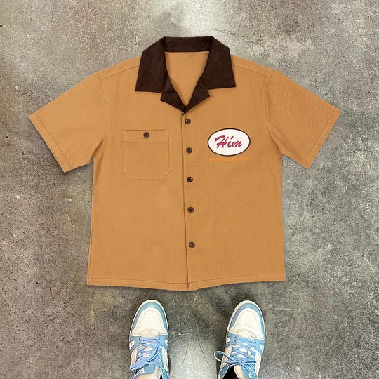 Fashion Contrast Color Lapel Short Sleeve Shirt