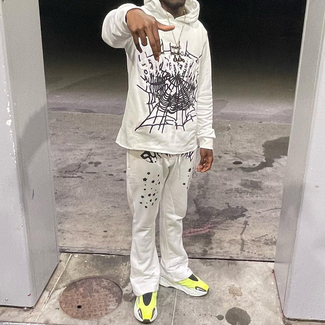 Spider Web Print Hoodie + Sweatpants Two Piece Set