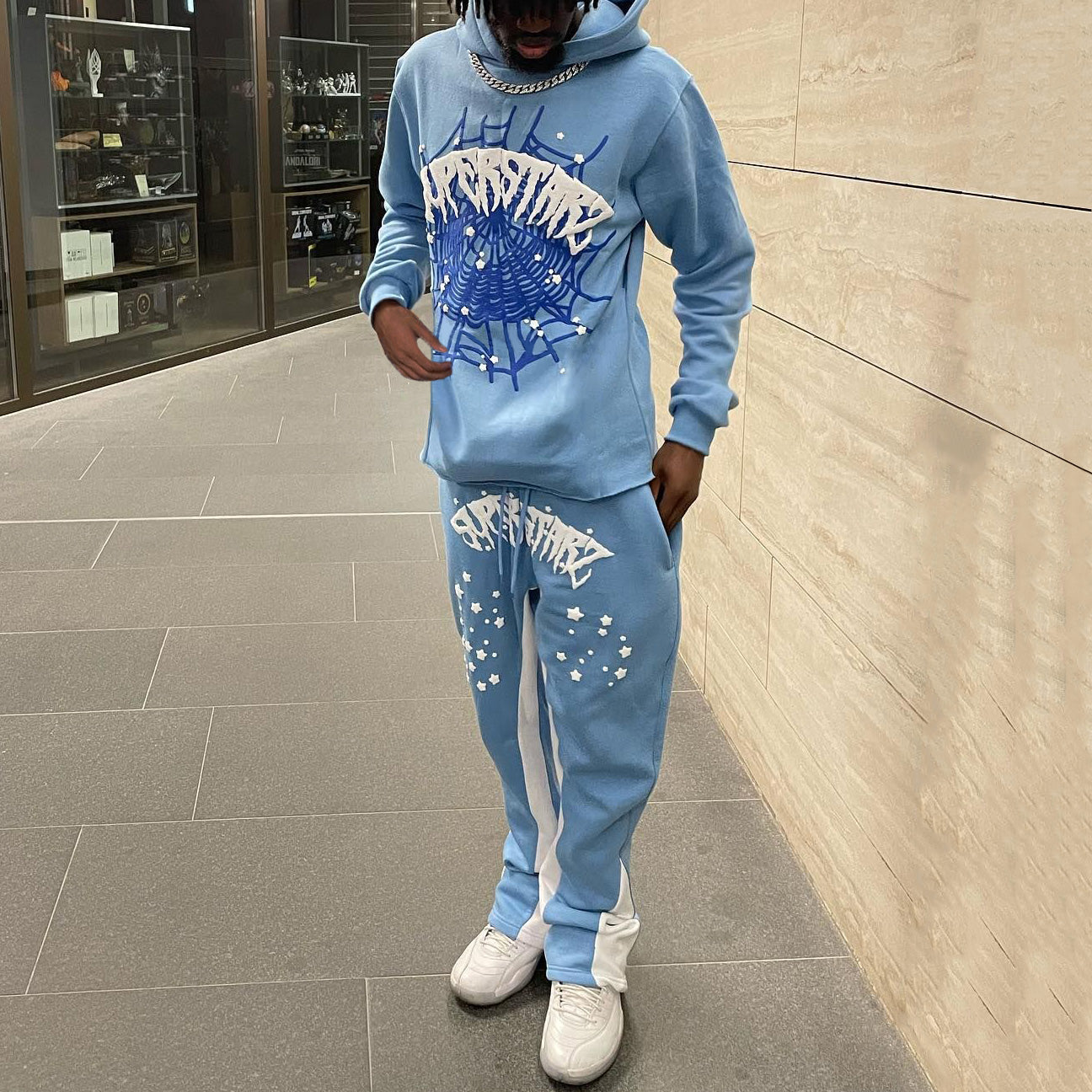 Spider Web Print Hoodie + Sweatpants Two Piece Set
