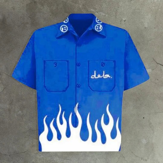 Flame Print Short Sleeve Button Pocket Shirt