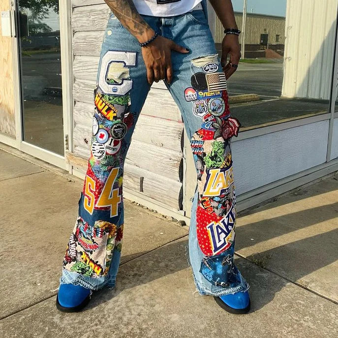 Casual street basketball stitching denim trousers