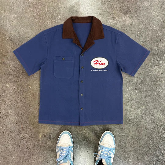 Fashion Contrast Color Lapel Short Sleeve Shirt