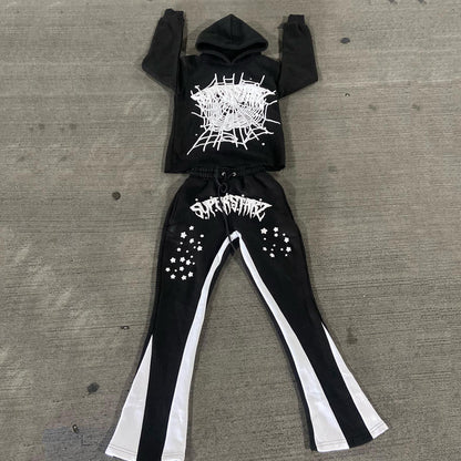 Spider Web Print Hoodie + Sweatpants Two Piece Set