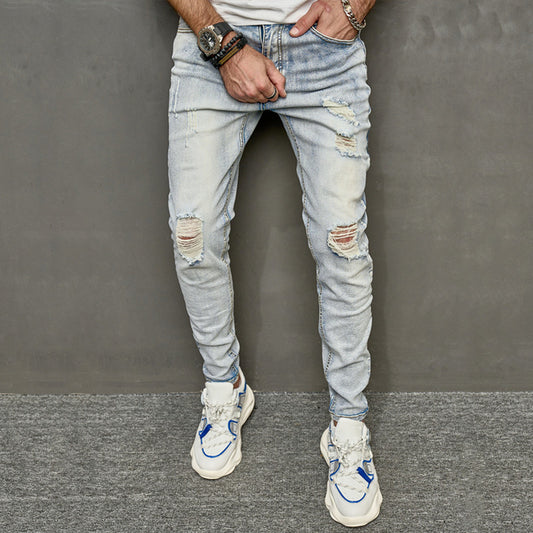 Retro ripped street hip-hop trendy casual distressed raw edge jeans