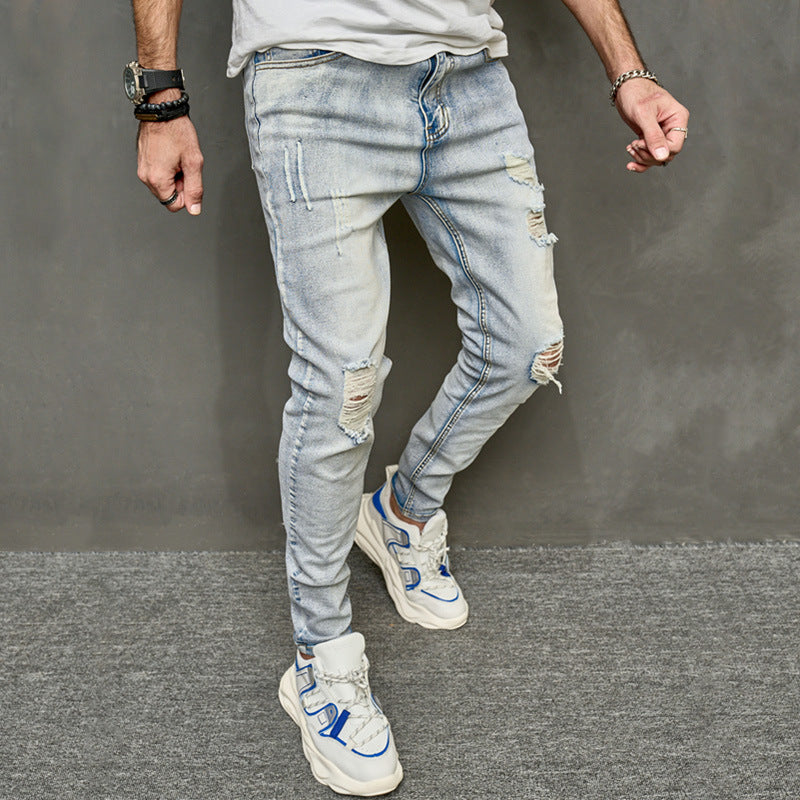 Retro ripped street hip-hop trendy casual distressed raw edge jeans