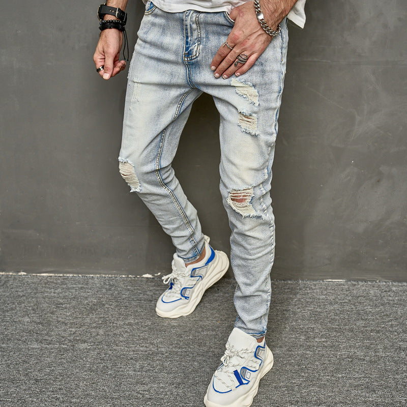 Retro ripped street hip-hop trendy casual distressed raw edge jeans