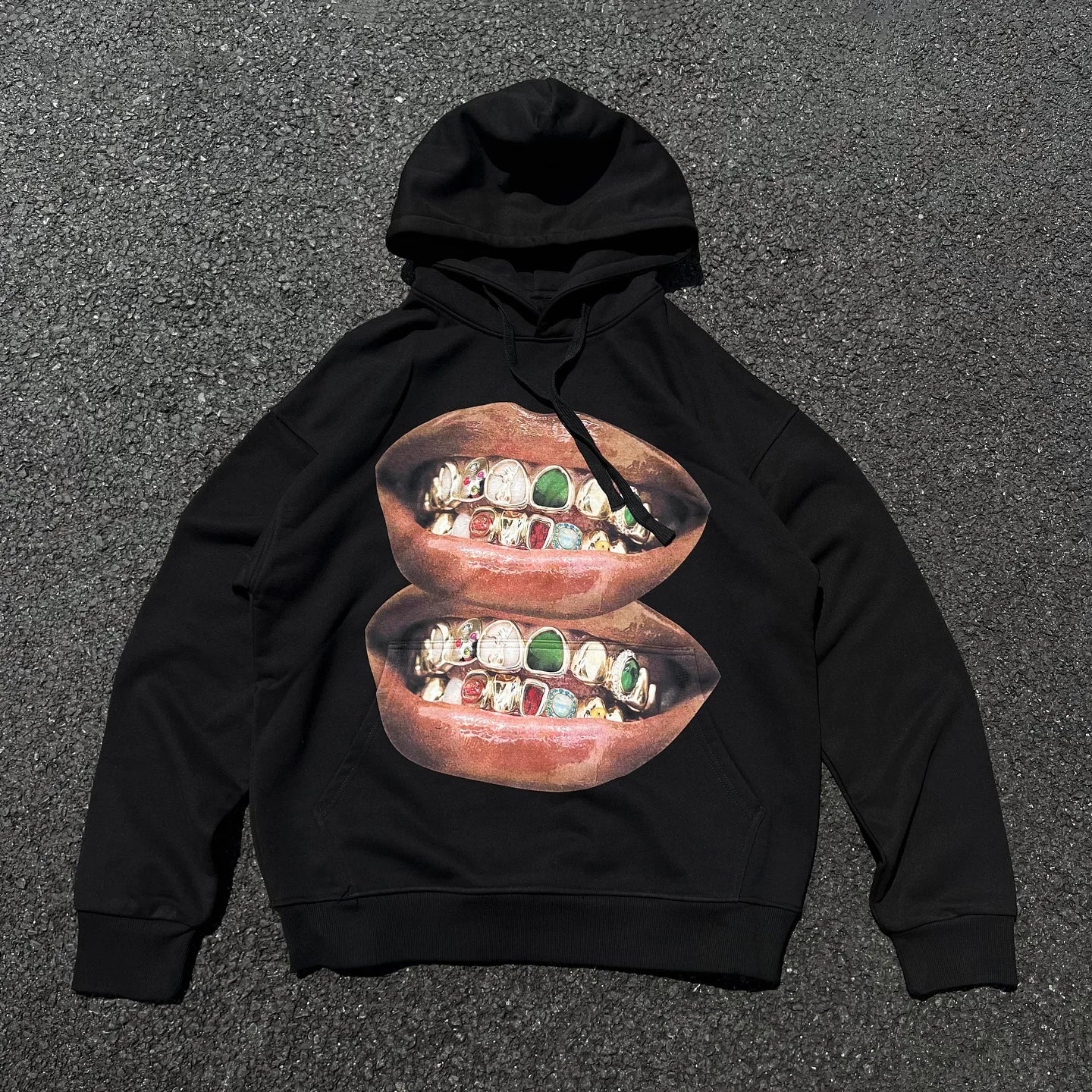 Lip Diamond Teeth Print Long Sleeve Hoodies