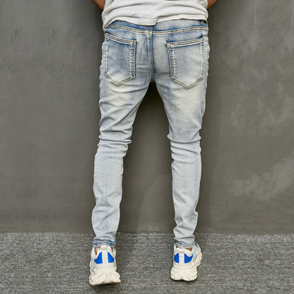 Retro ripped street hip-hop trendy casual distressed raw edge jeans