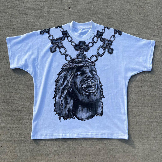 Jesus Fake Necklace Print Short Sleeve T-Shirt