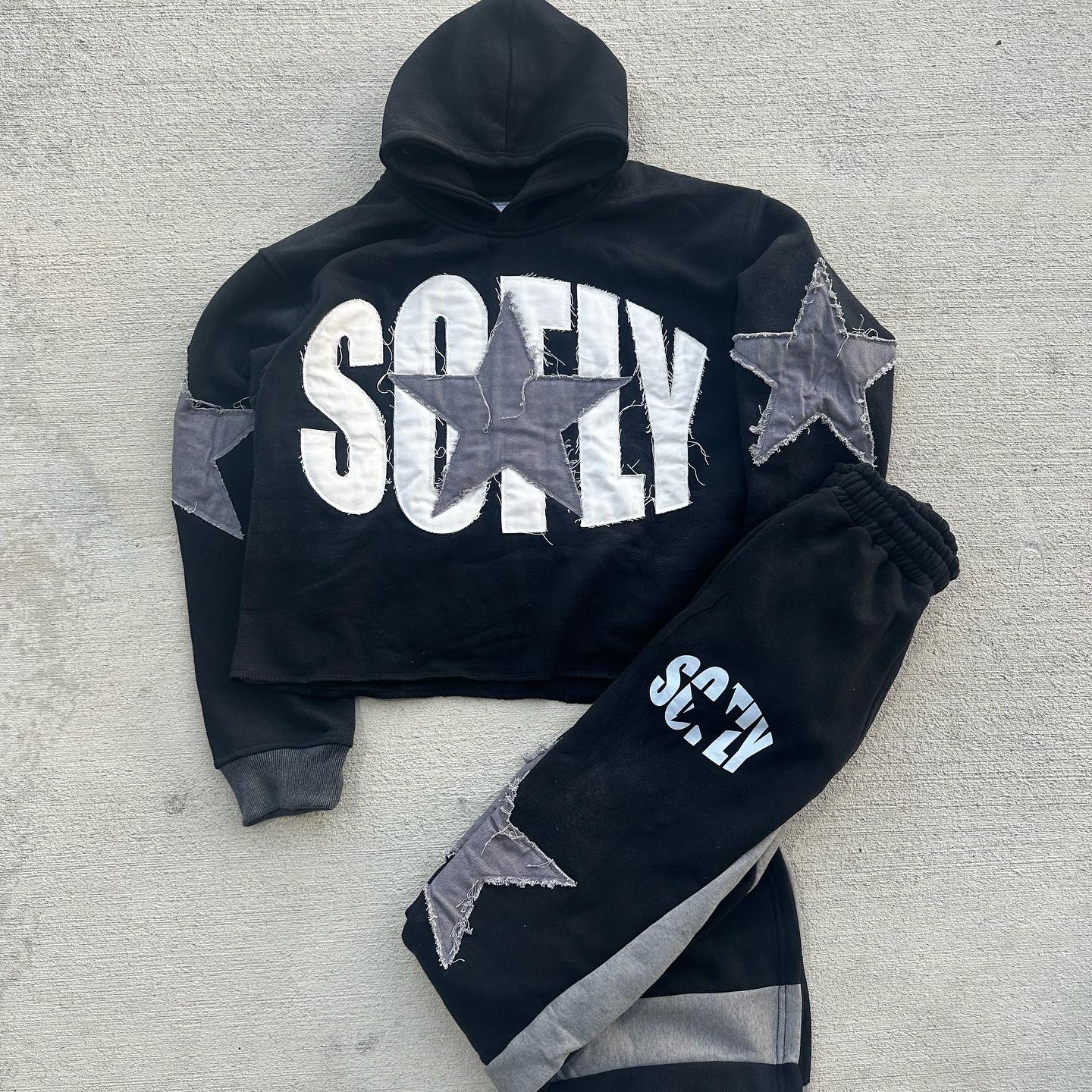 Star patchwork casual street print hoodie two-piece set