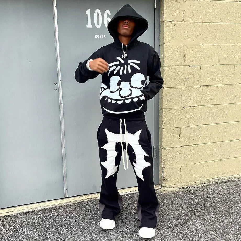 Funny Cartoon Print Hoodie Sweatpants Two Piece Set