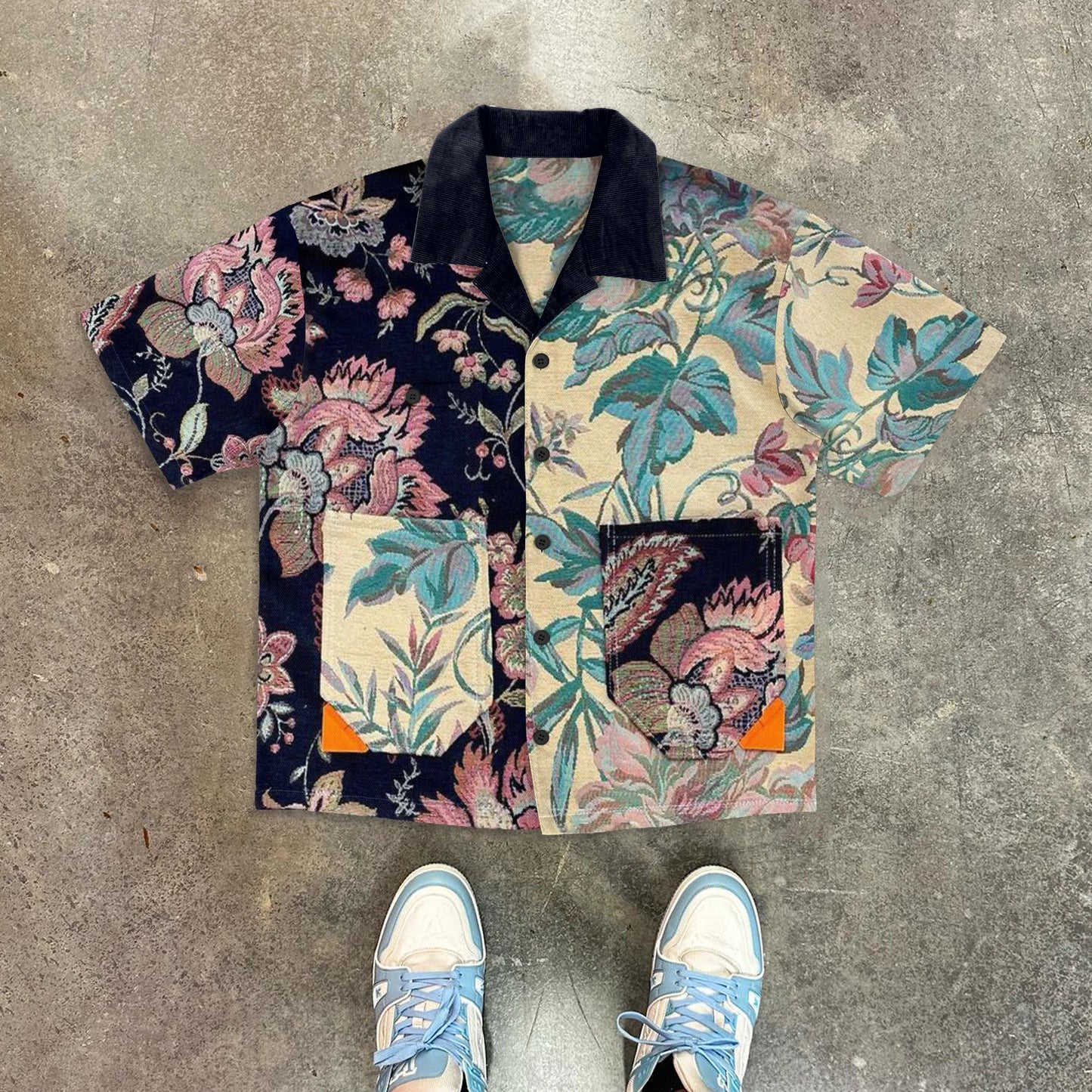 Retro Floral Contrast Short Sleeve Shirt