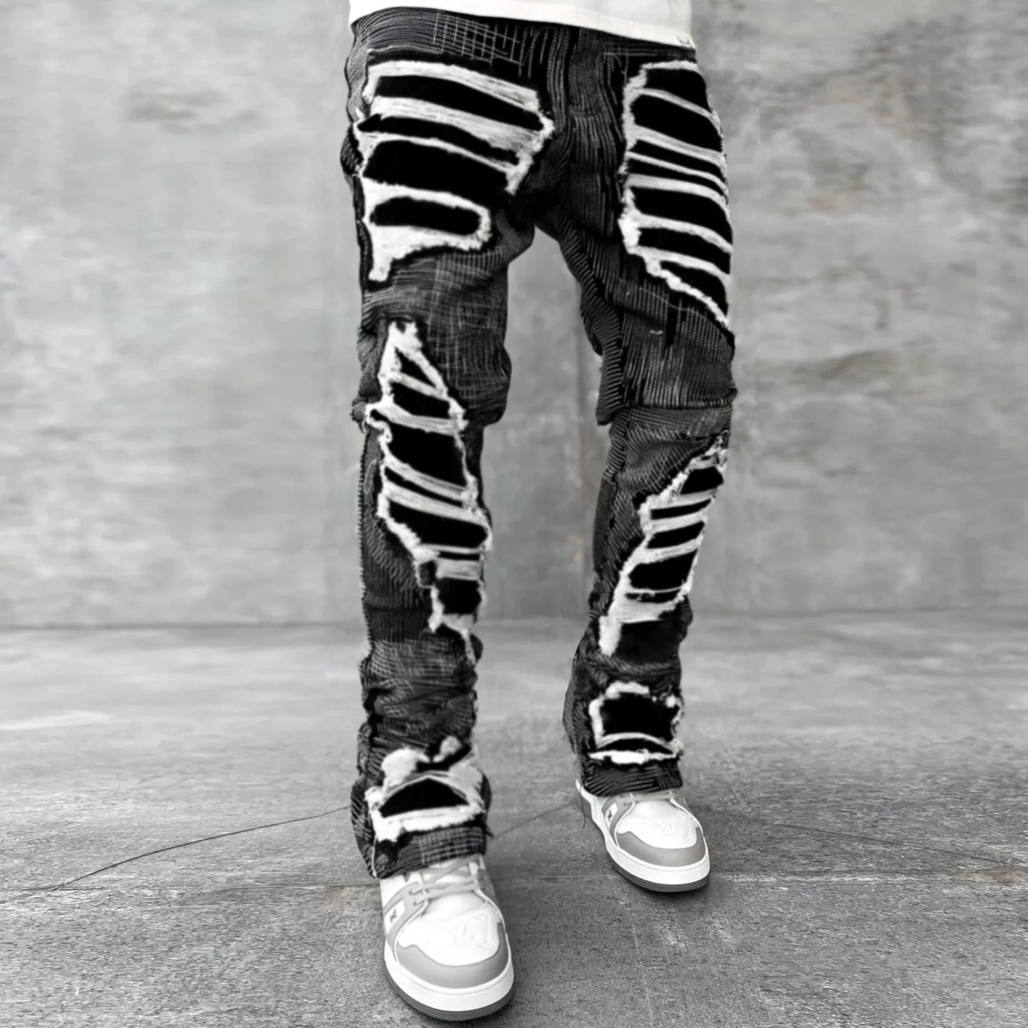 Retro trendy imitation ripped stacked jeans