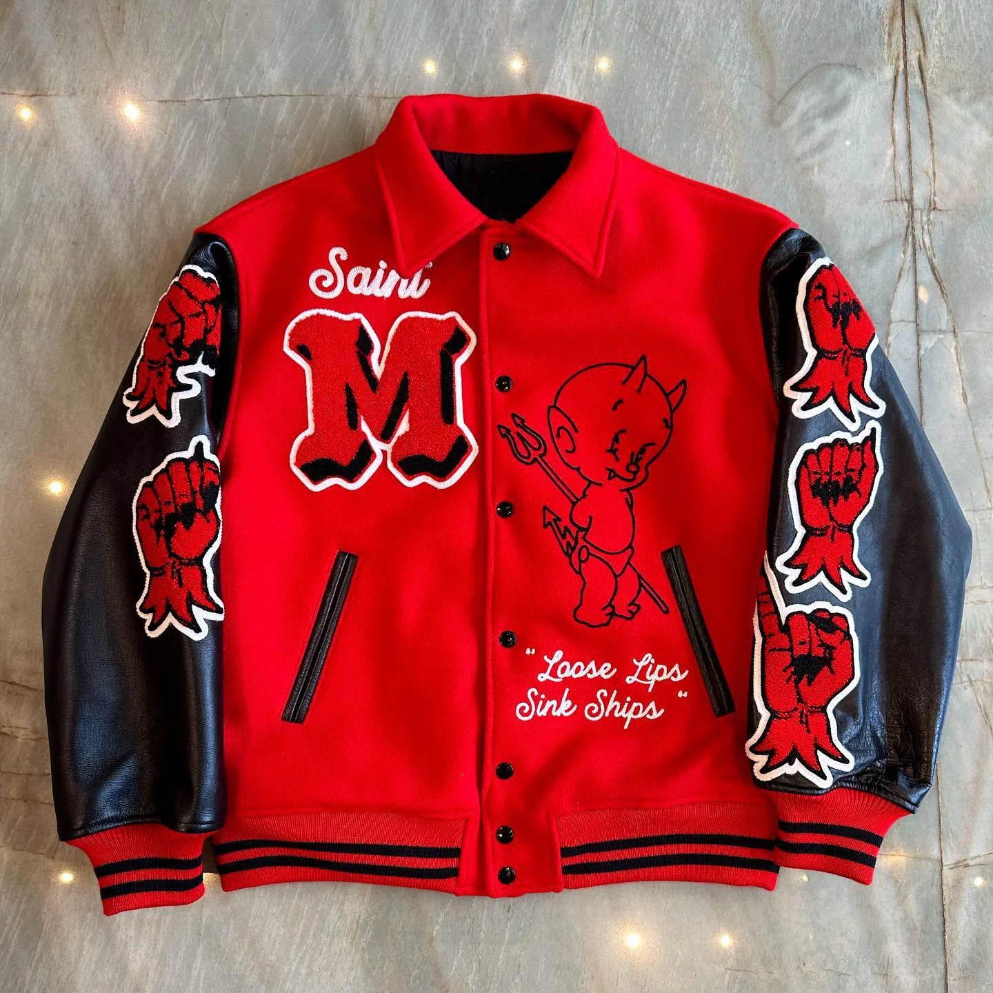 Devil Embroidered Patchwork Baseball Jacket