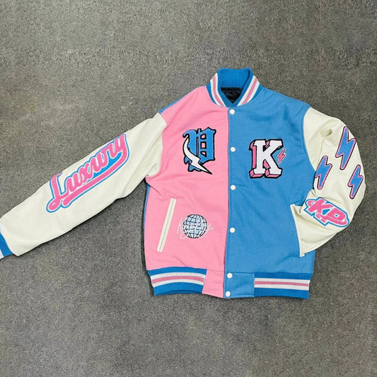 Fashionable baseball jacket with contrasting color stitching