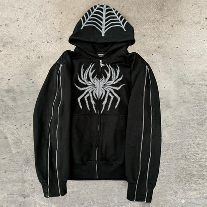 Rhinestone Zipper Spider Hoodie