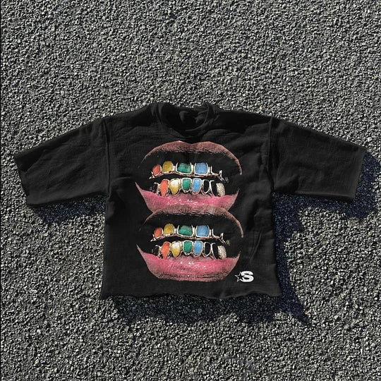 Casual loose lip print graphic T-shirt