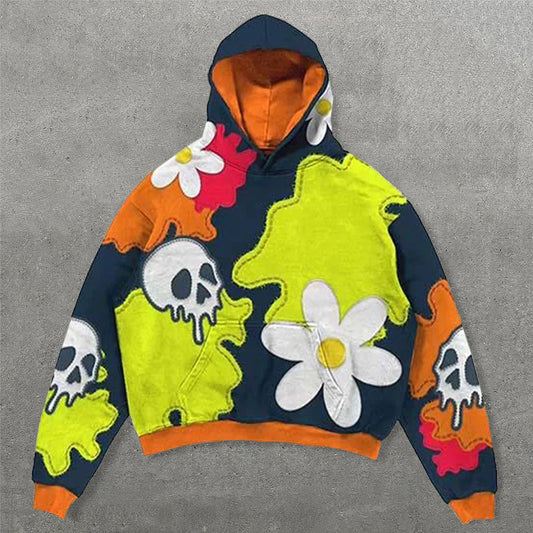 Skull Floral Faux Decal Print Long Sleeve Hoodies