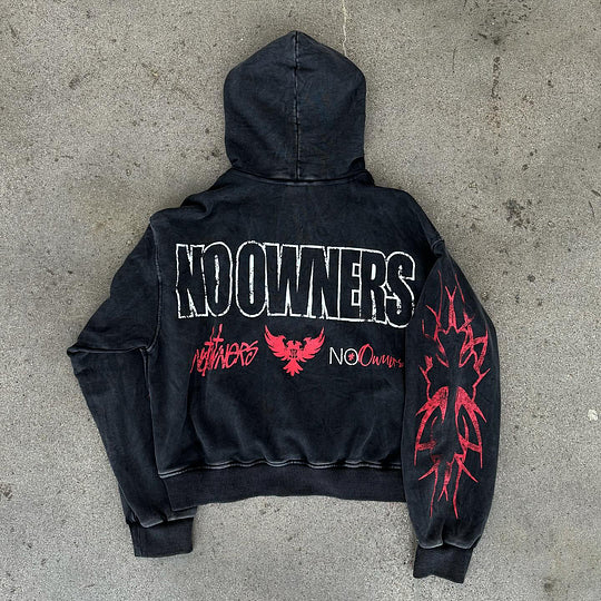 retro no owners print zip up hoodie