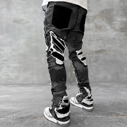 Retro trendy imitation ripped stacked jeans