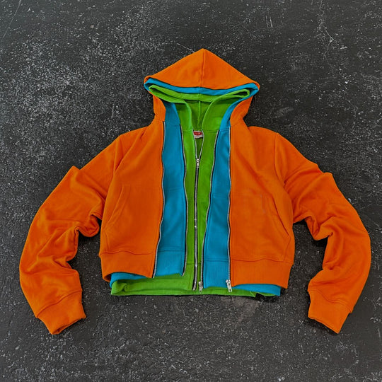 Contrast color statement zip-up hoodie