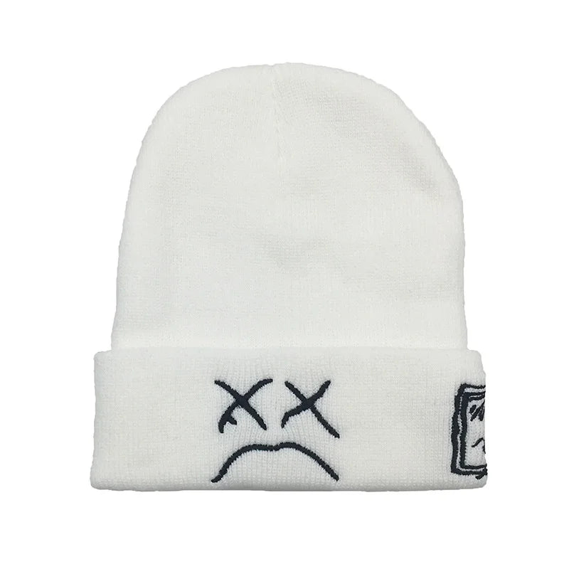 Embroidered knitted hat sad face expression funny woolen hat