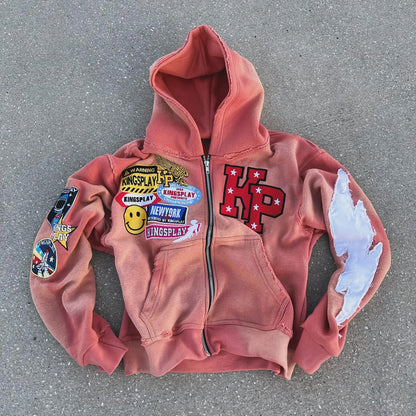 Vintage washed patch zipper hoodie