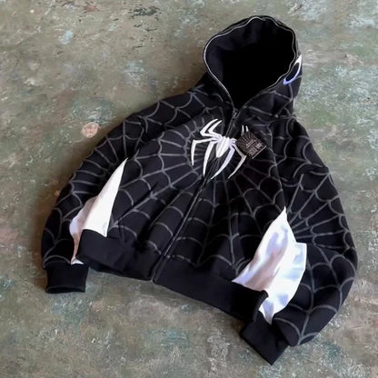 Contrast spider print zip-up hoodie