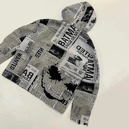 Vintage Clown Newspaper Print Oversized Long Sleeve Hoodie